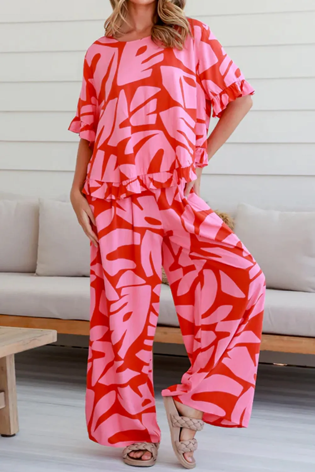 Abstract Palm Ruffle Top and Pants Set