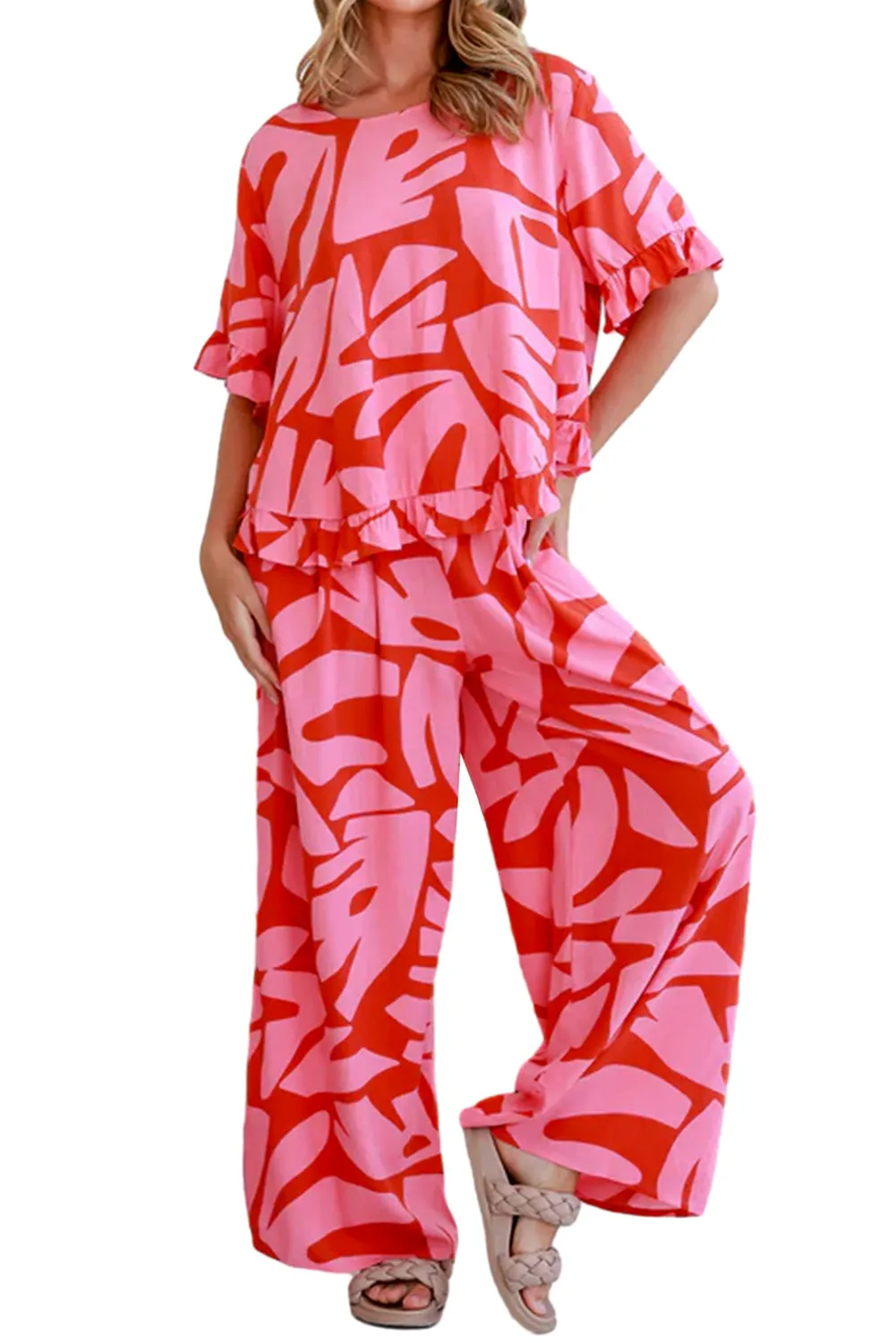 Abstract Palm Ruffle Top and Pants Set