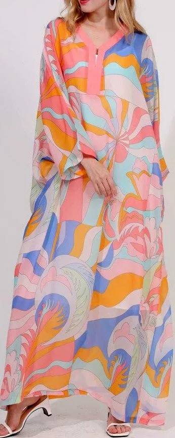 Abstract Print Silk-Blend Kaftan Beach Gown