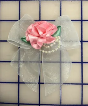 Applique - White Chiffon Bow w/Pink Rosette and Pearls