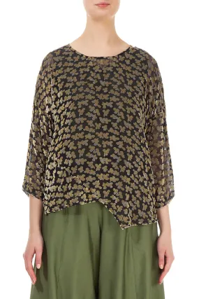 Asymmetric Devoré Petals Gold Silk Velvet Blouse