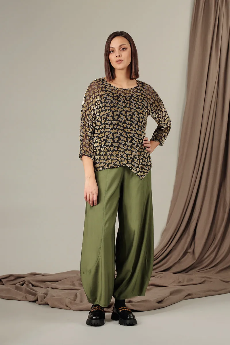 Asymmetric Devoré Petals Gold Silk Velvet Blouse