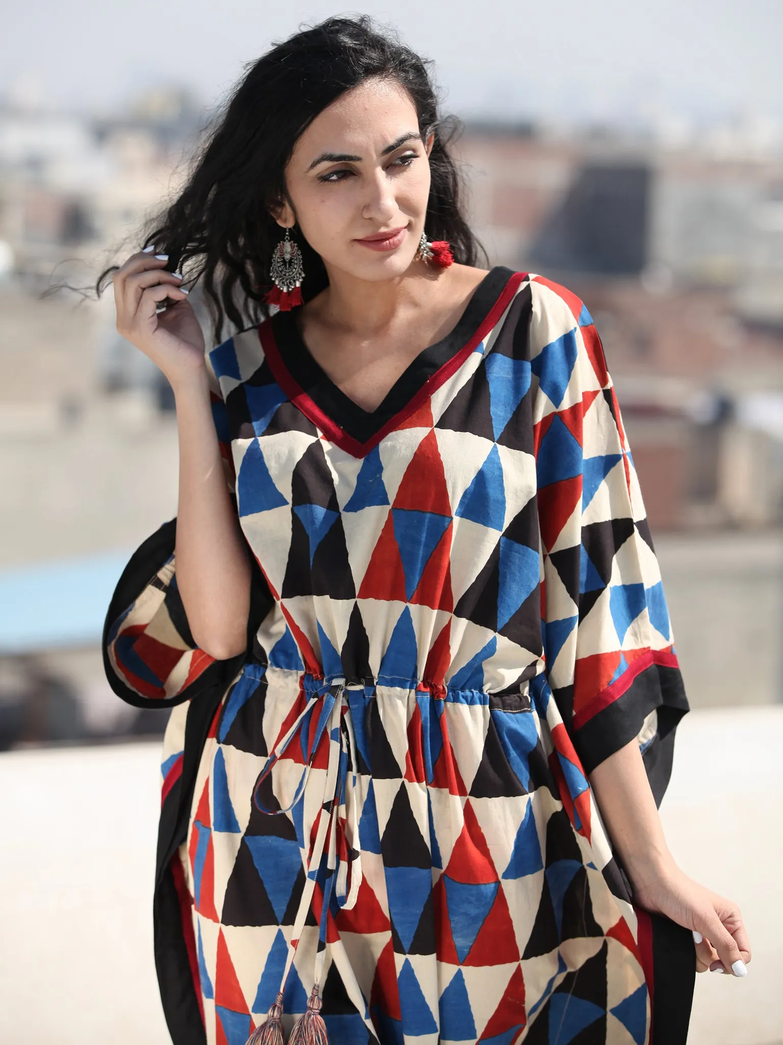 Beige Blue Black Hand Block Printed Kaftan - K129F1010