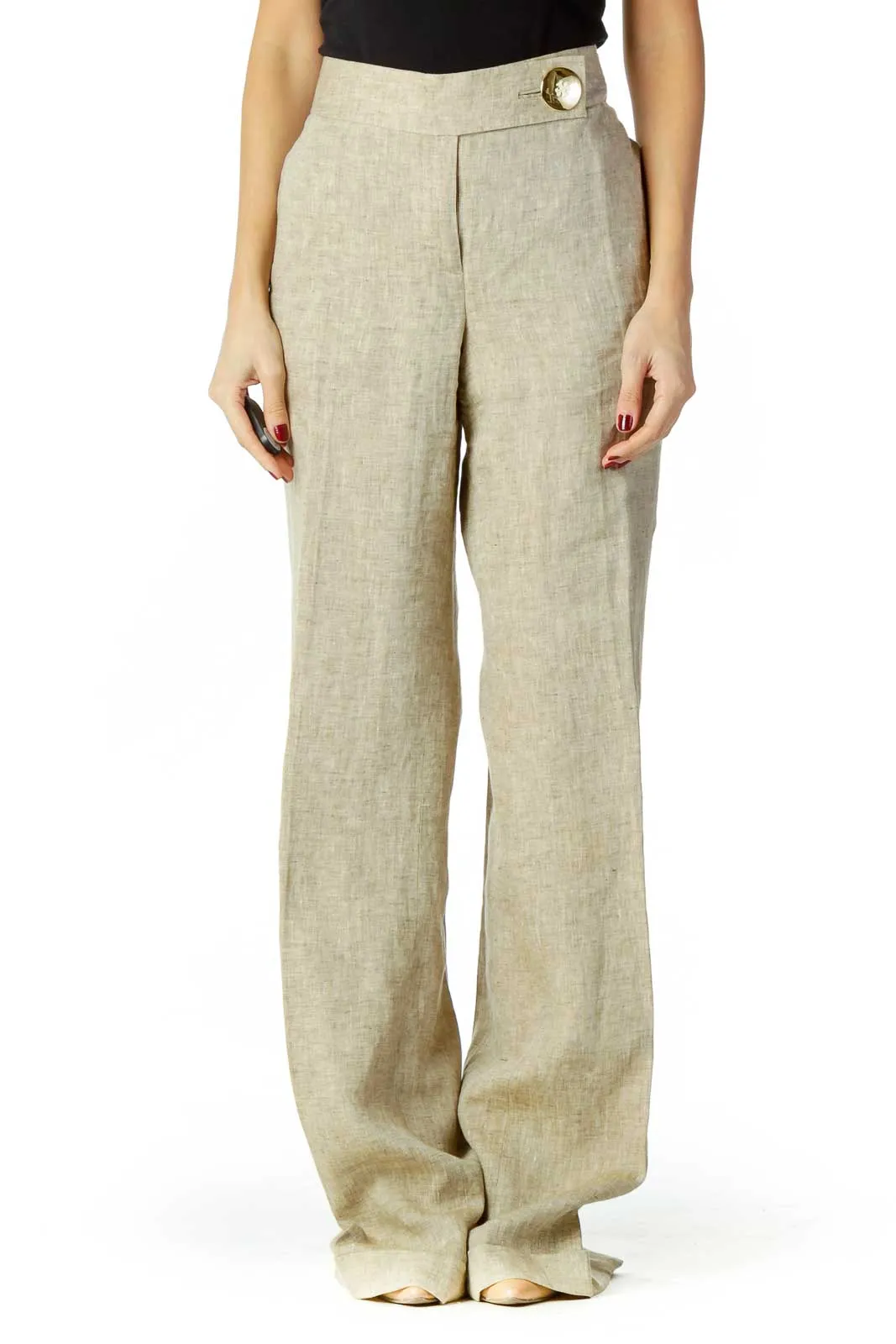 Beige Linen Wide-Leg Slacks