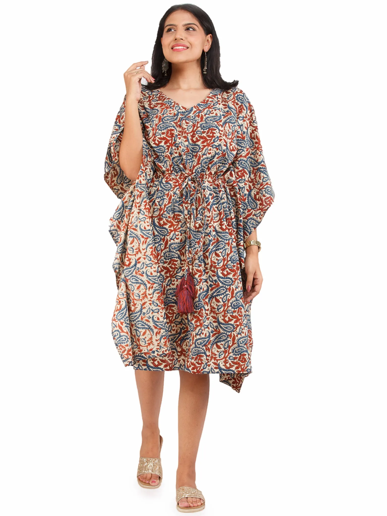 Beige Red Indigo Ajrakh Hand Block Printed Kaftan - K152F1801