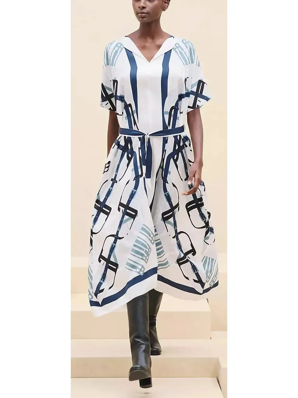 Belt Printed Silk Midi Kaftan Dress