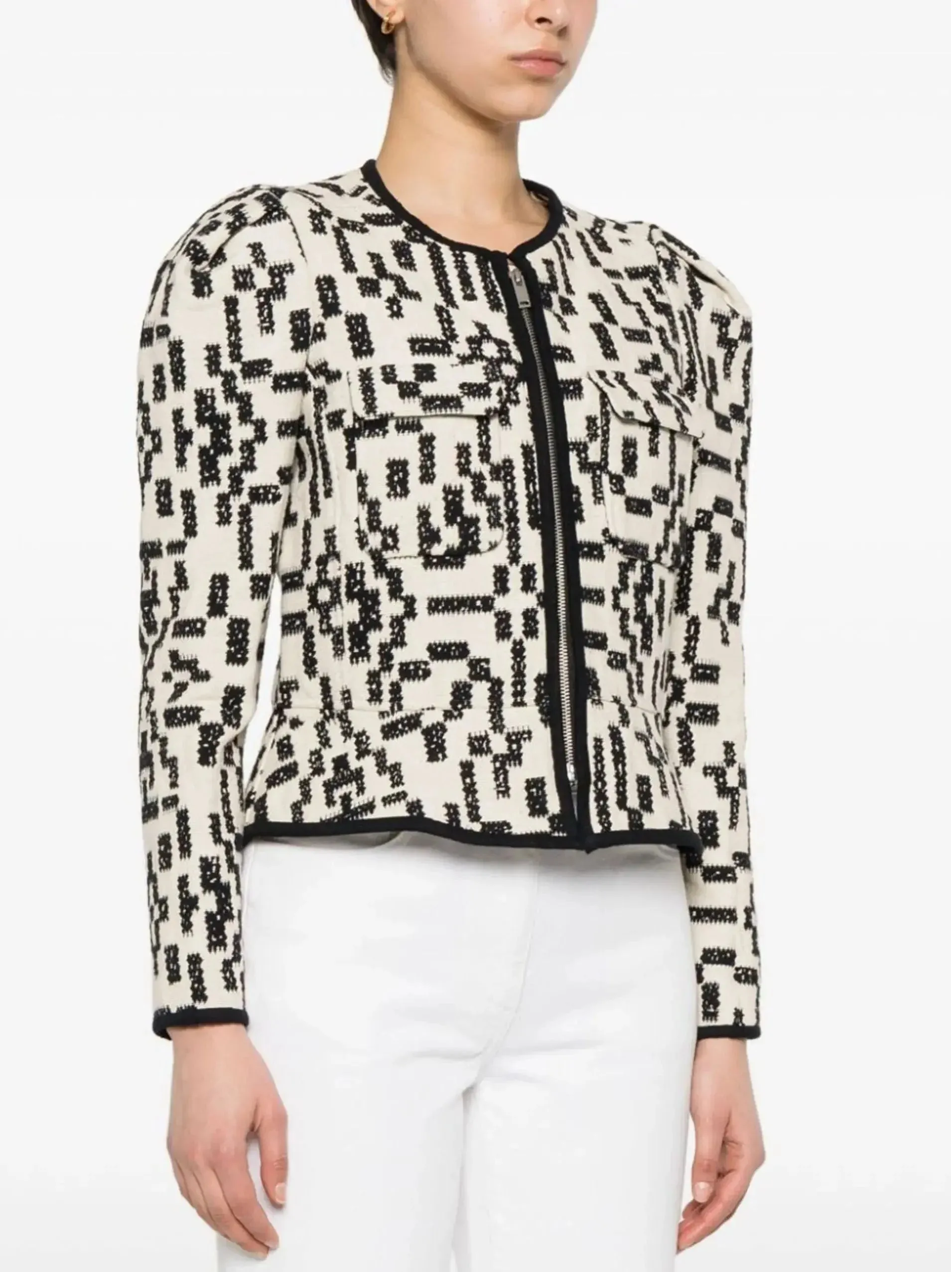 Bicolor Graphic Front-Zip Jacquard Canvas Jacket