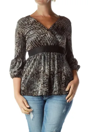 Black Brown Striped Velvet V-Neck Top