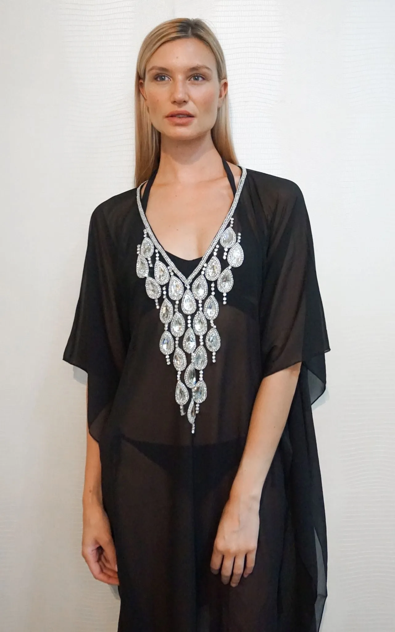 Black Mesh Kaftan With Teardrop Crystal Detailing