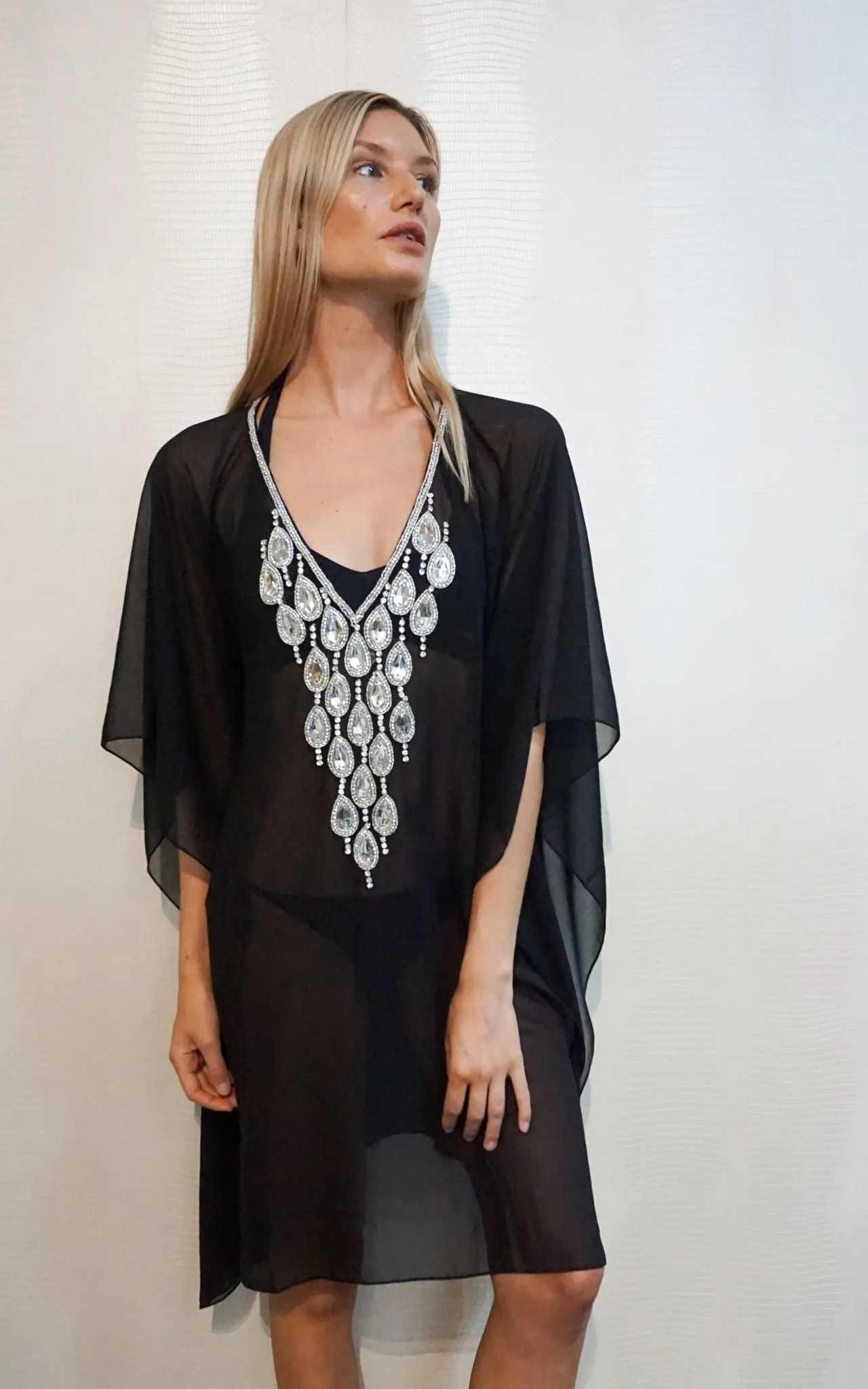 Black Mesh Kaftan With Teardrop Crystal Detailing