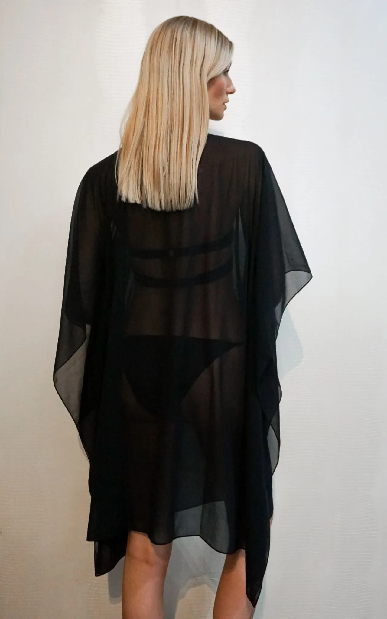 Black Mesh Kaftan With Teardrop Crystal Detailing