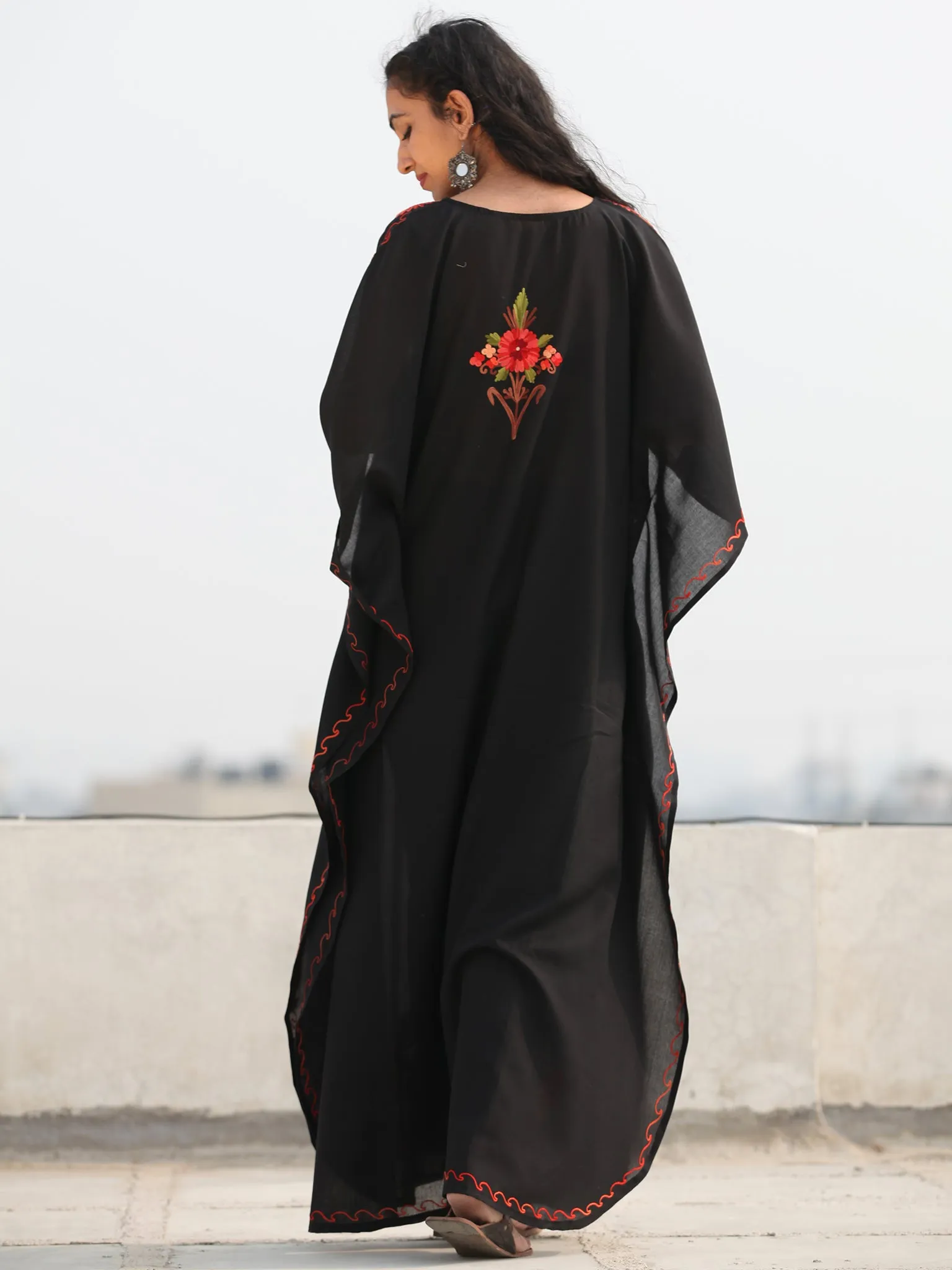 Black Multicolor Aari Embroidered Kashmere Free Size Kaftan in Crushed Cotton - K11K071