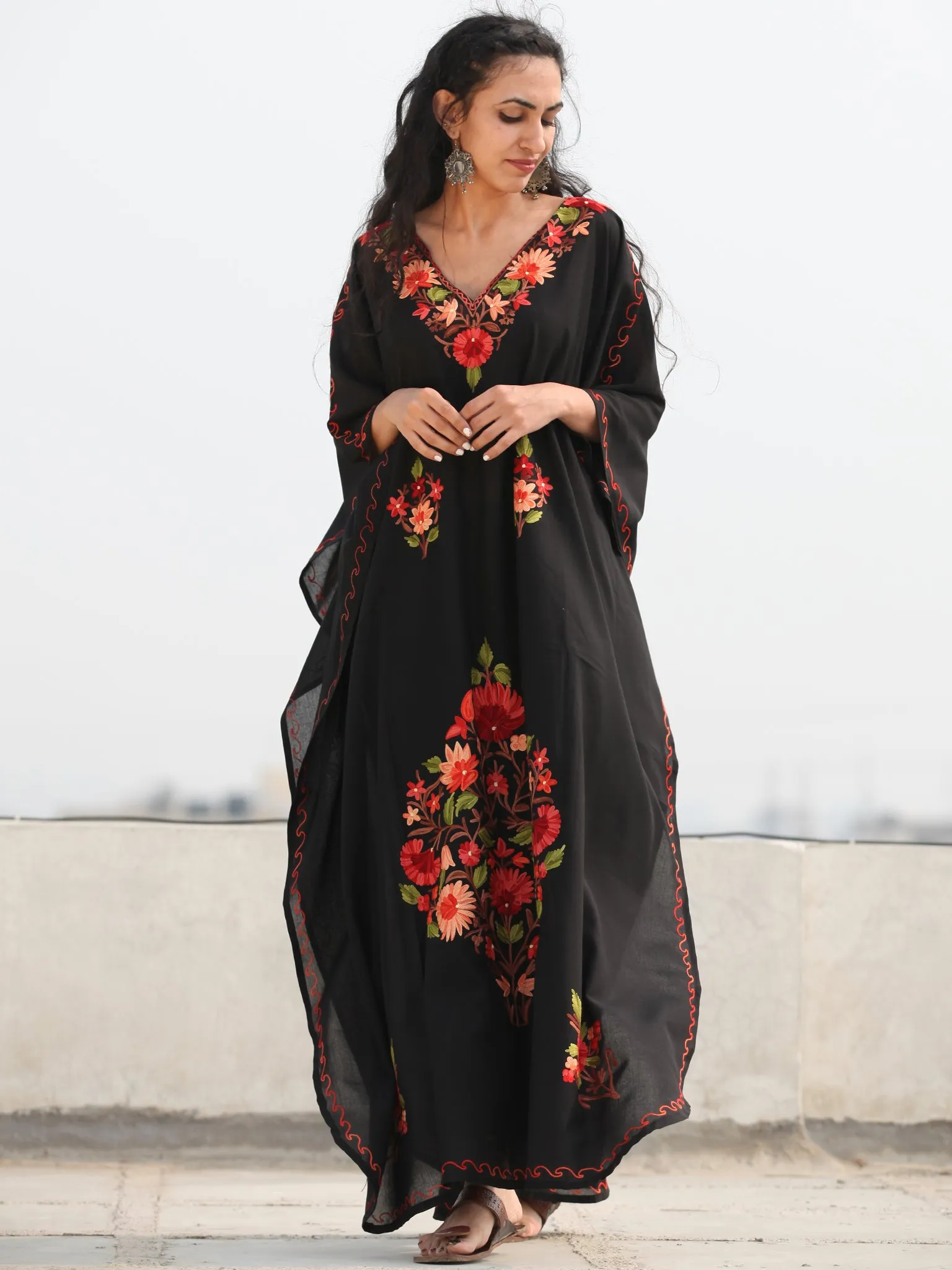 Black Multicolor Aari Embroidered Kashmere Free Size Kaftan in Crushed Cotton - K11K071