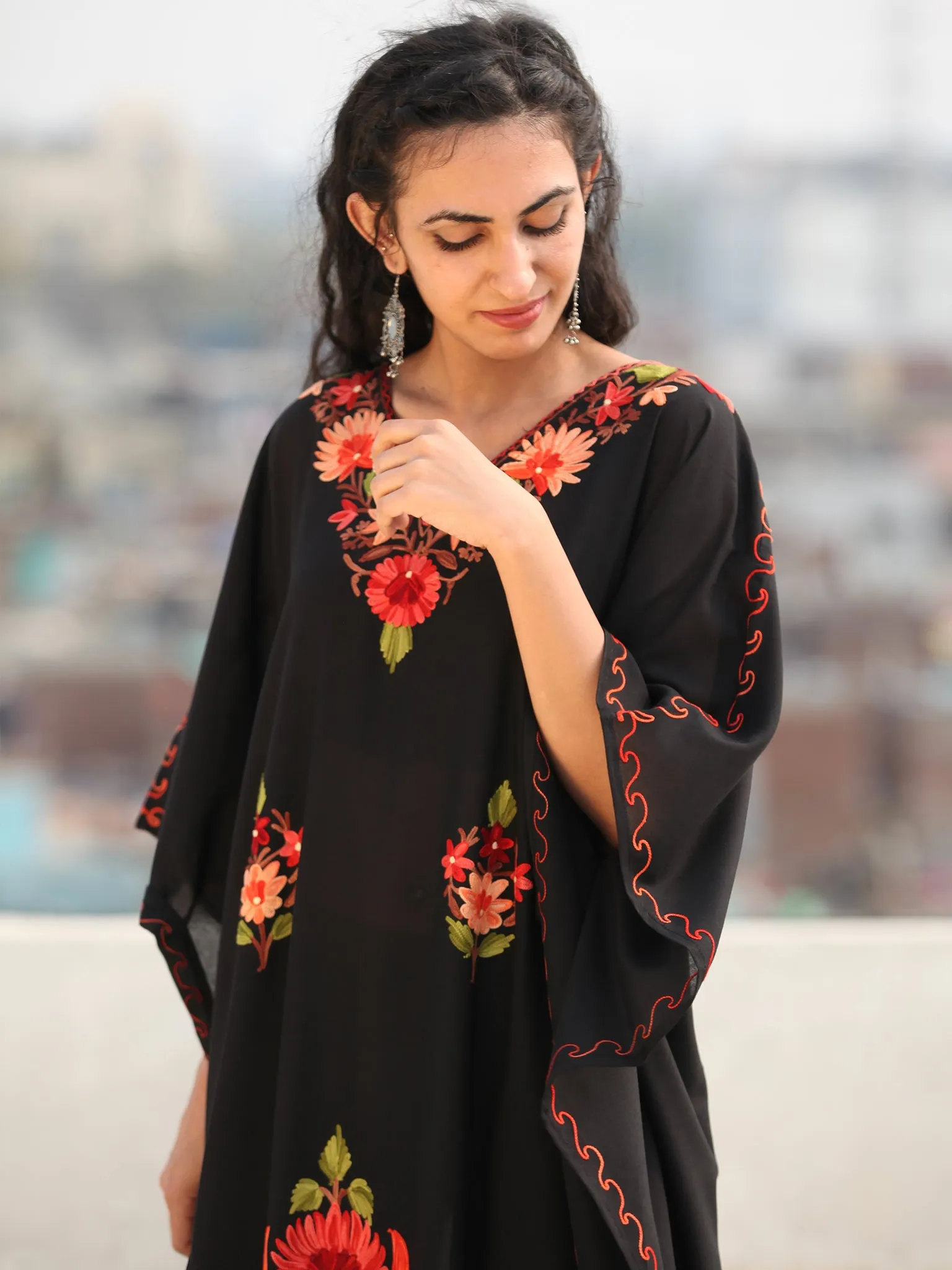 Black Multicolor Aari Embroidered Kashmere Free Size Kaftan in Crushed Cotton - K11K071