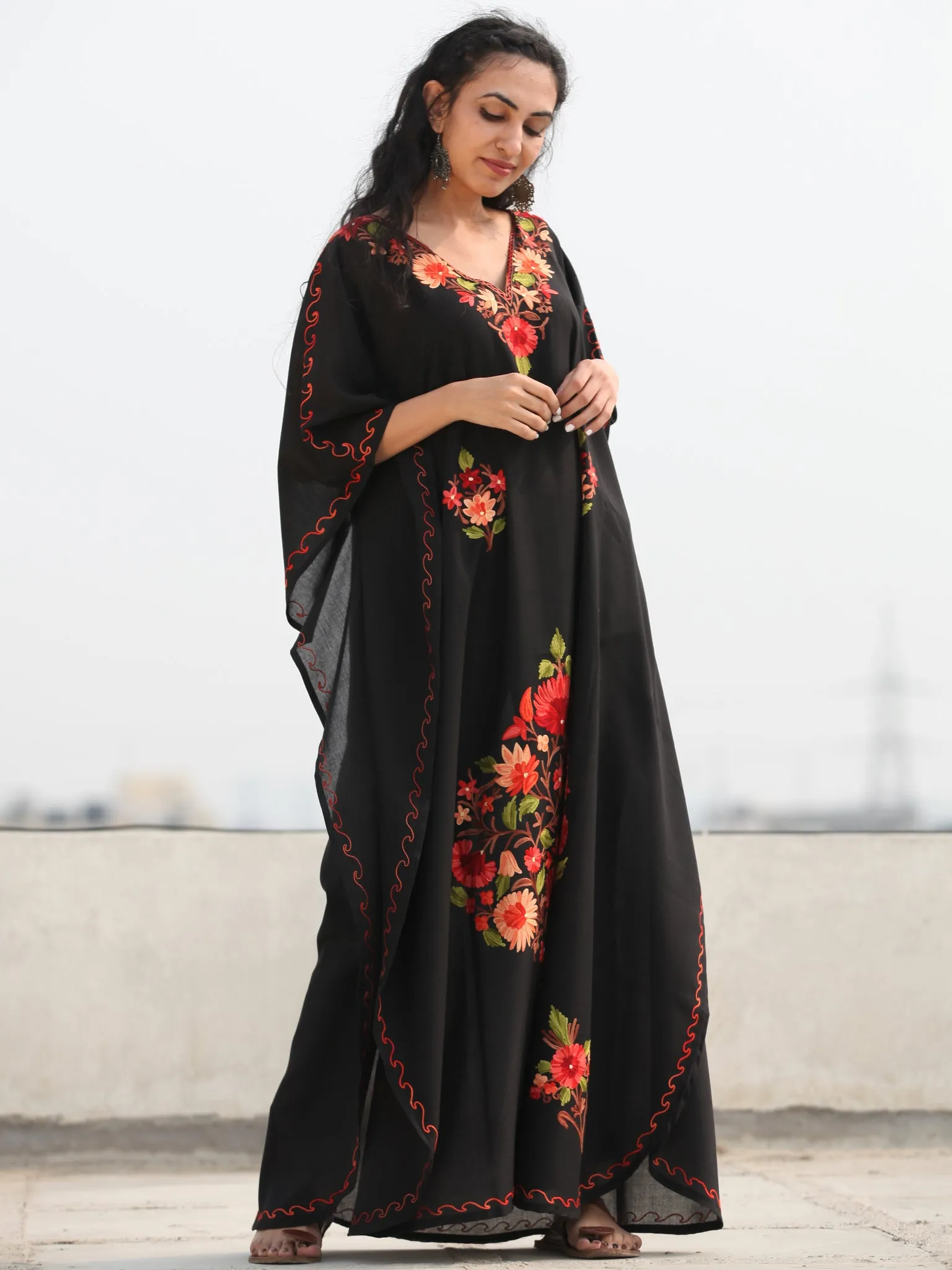 Black Multicolor Aari Embroidered Kashmere Free Size Kaftan in Crushed Cotton - K11K071