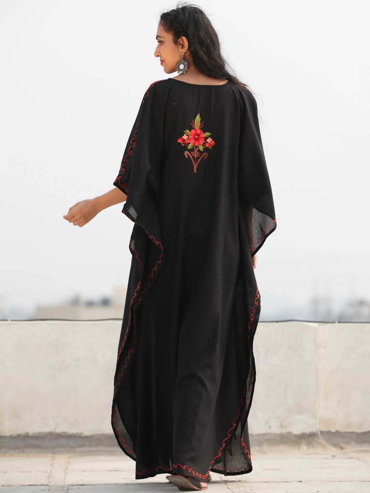 Black Multicolor Aari Embroidered Kashmere Free Size Kaftan in Crushed Cotton - K11K071