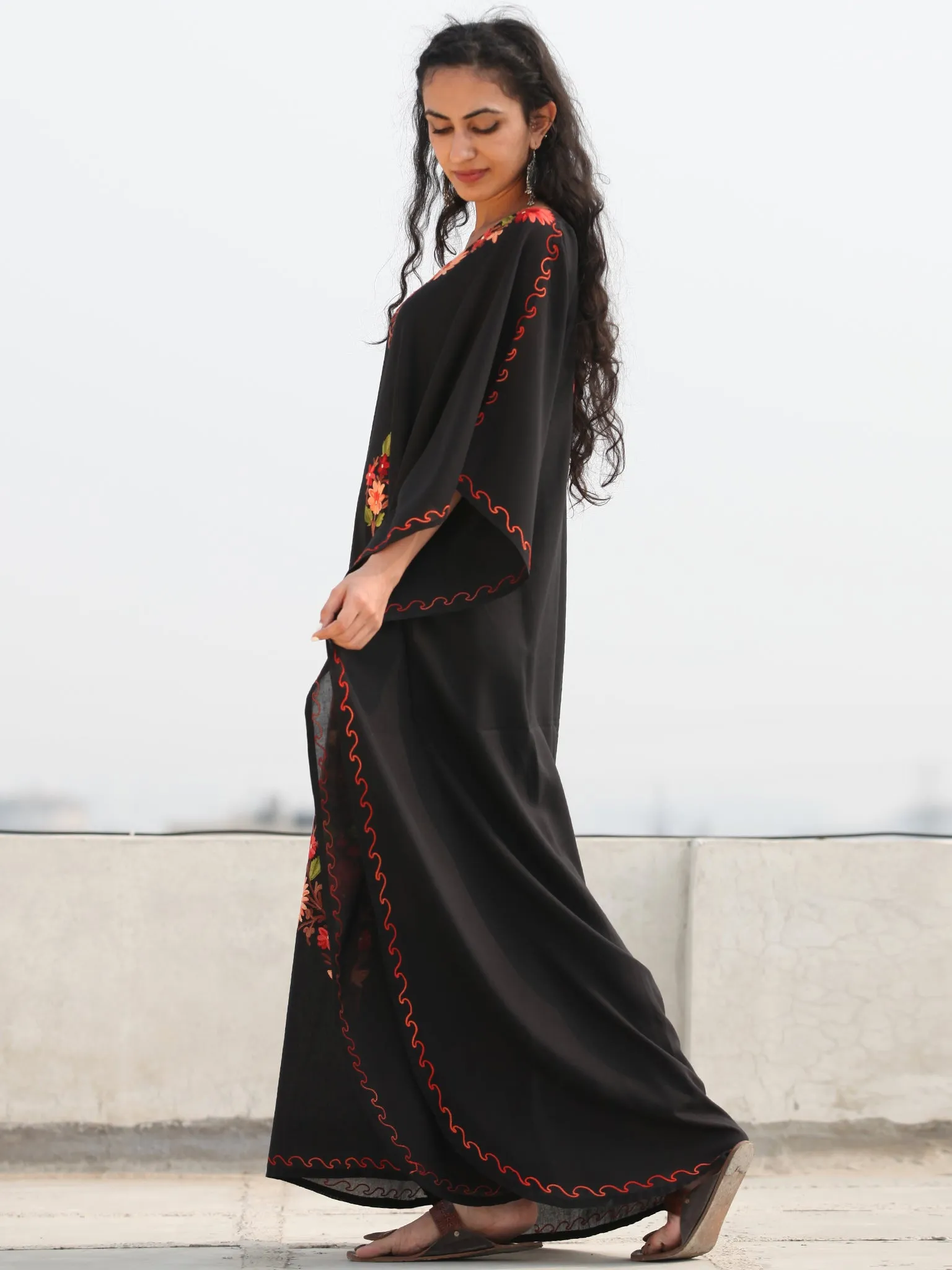 Black Multicolor Aari Embroidered Kashmere Free Size Kaftan in Crushed Cotton - K11K071