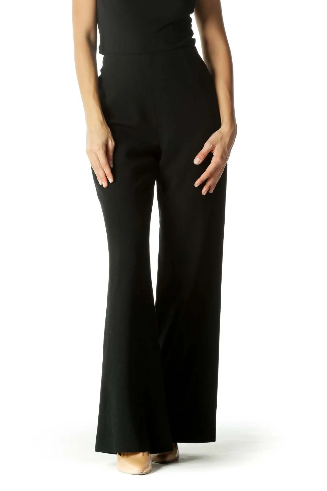 Black Wool Blend Textured Wide Leg Cinched Waist Pants