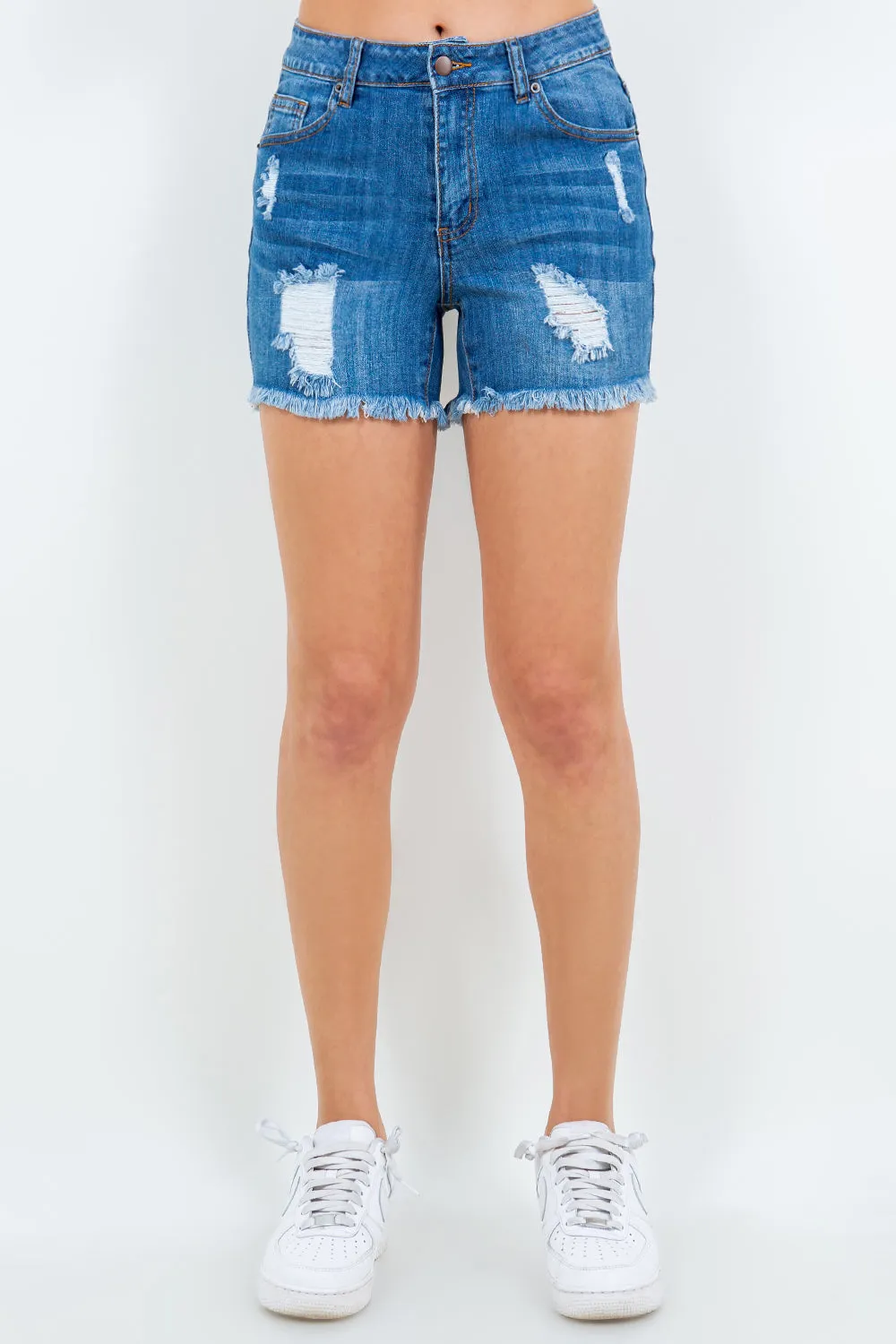 Blue Zone Planet |  American Bazi High Waist Distressed Frayed Denim Shorts