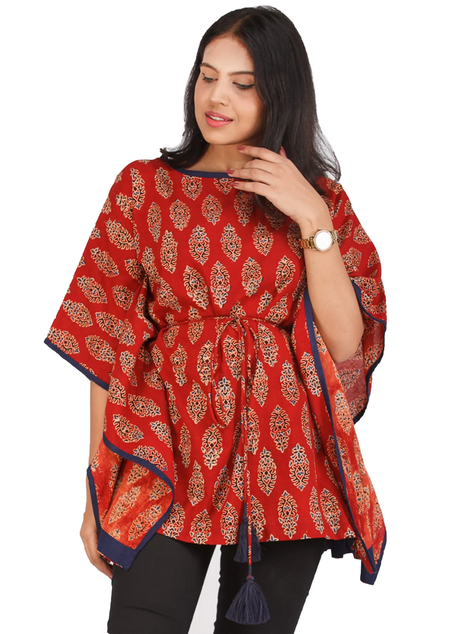 Brick Red Black Ajrakh Hand Block Printed Kaftan - K155F1610