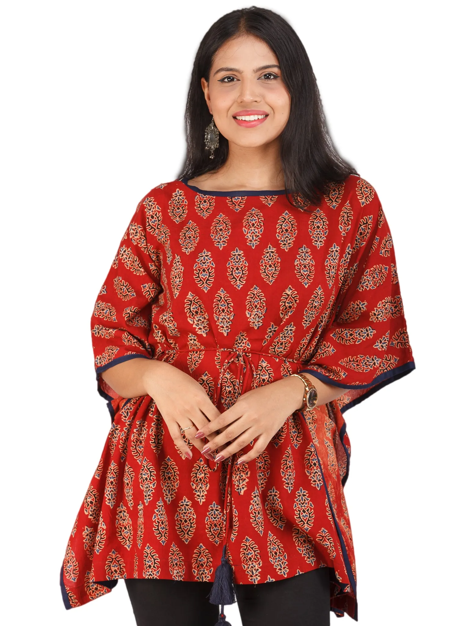 Brick Red Black Ajrakh Hand Block Printed Kaftan - K155F1610