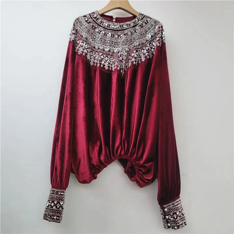 Bridget Sequin Embroidery Velvet Blouse