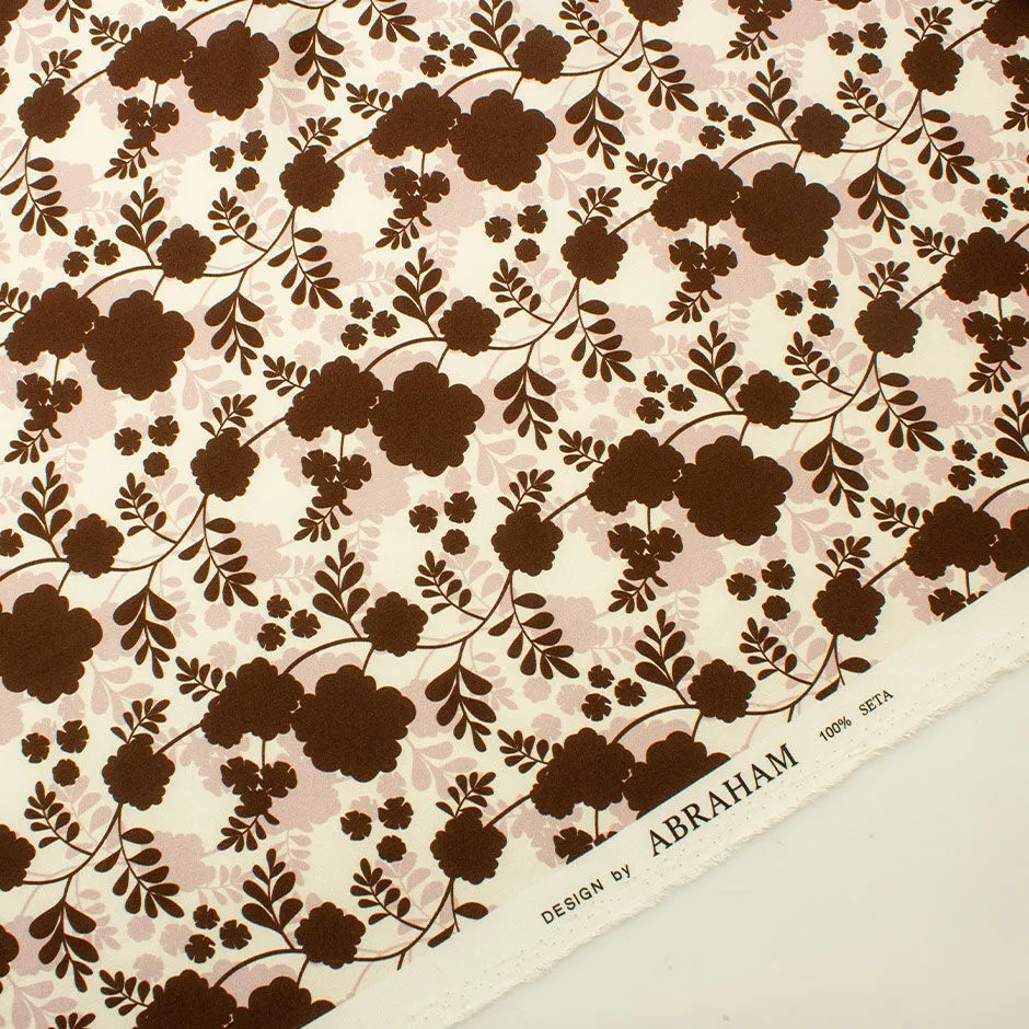 Brown & Dusty Pink Floral Printed Silk Crêpe de Chine