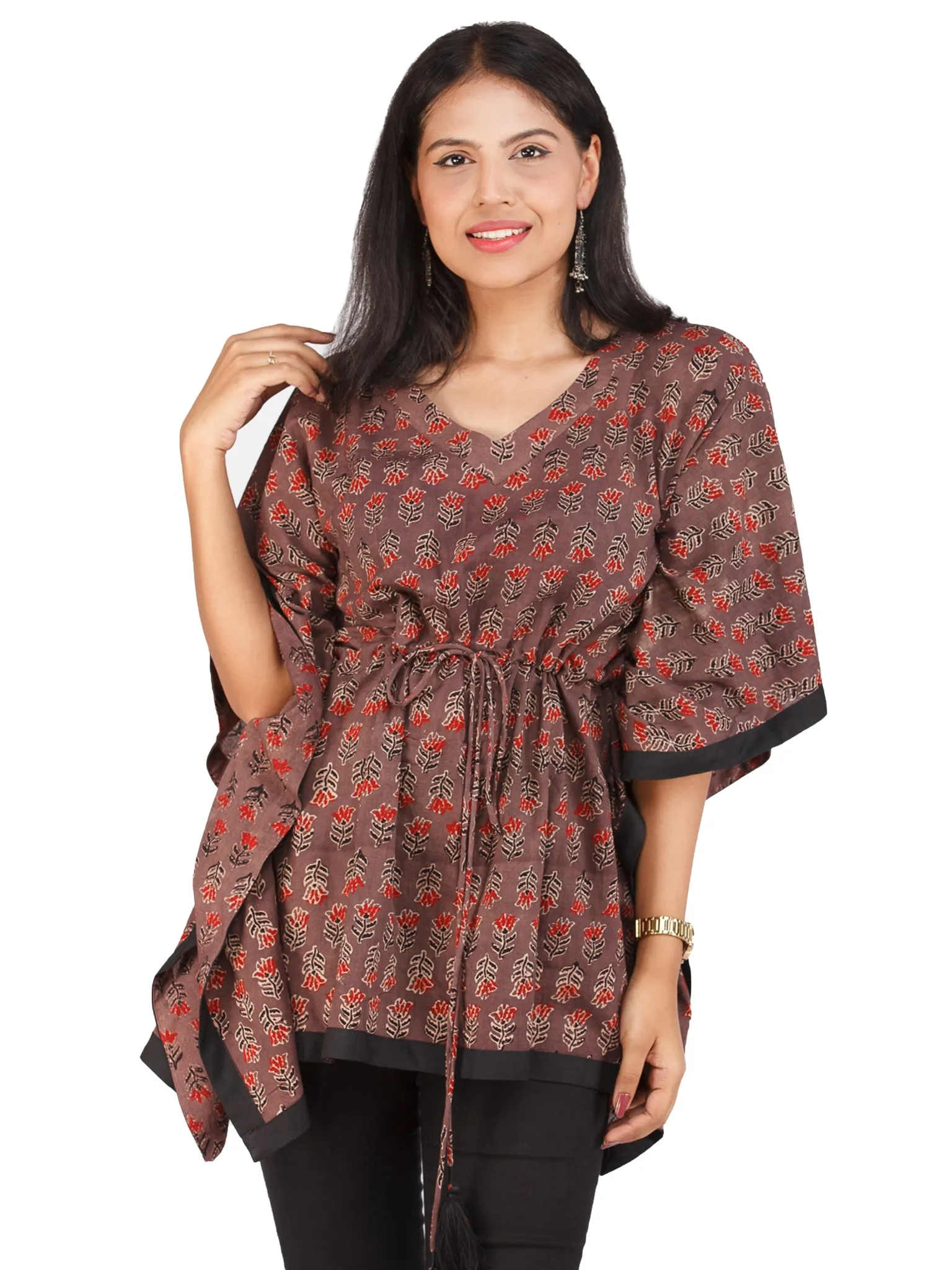 Brown Red Black Ajrakh Hand Block Printed Kaftan - K154F1678