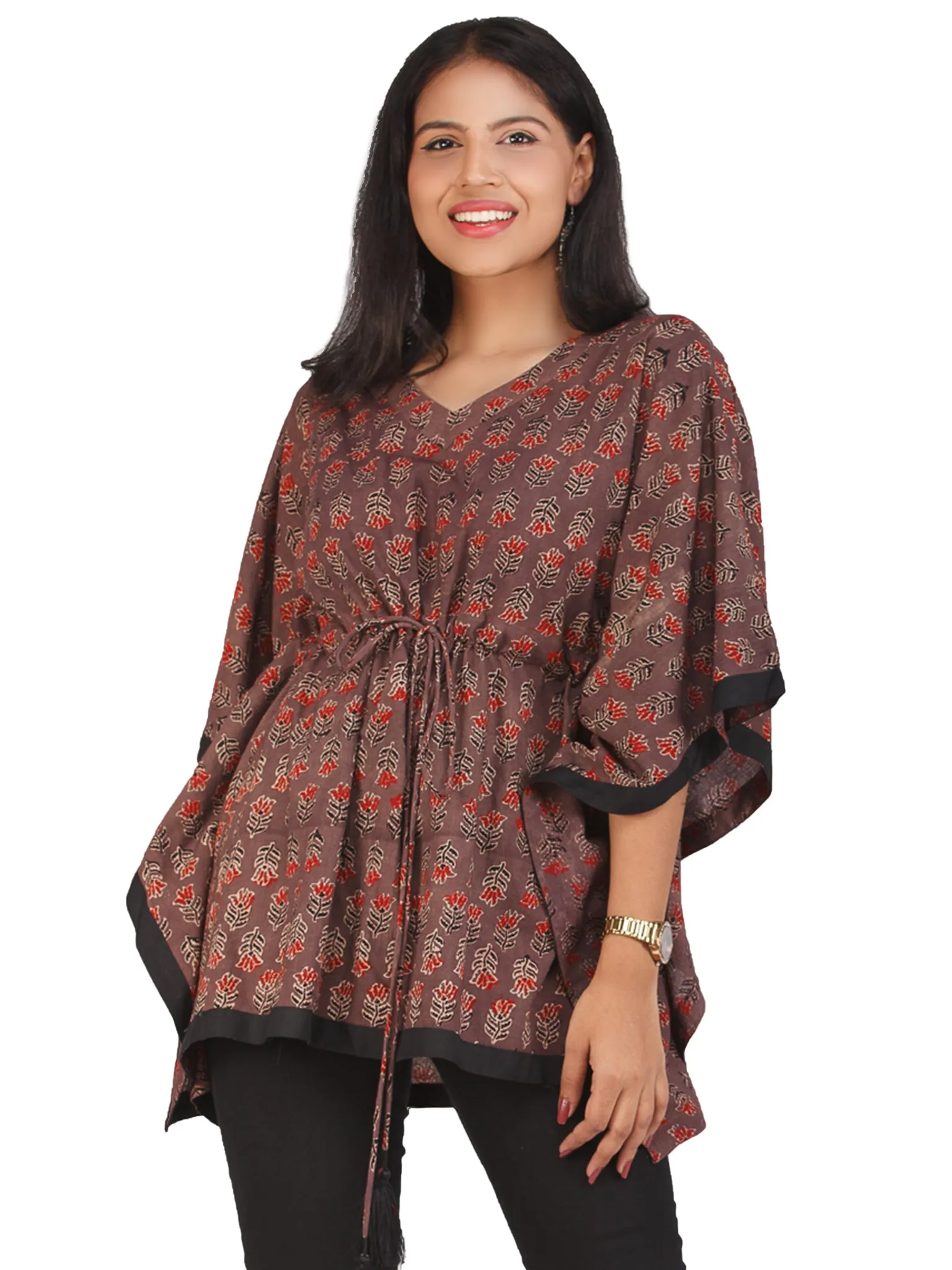 Brown Red Black Ajrakh Hand Block Printed Kaftan - K154F1678