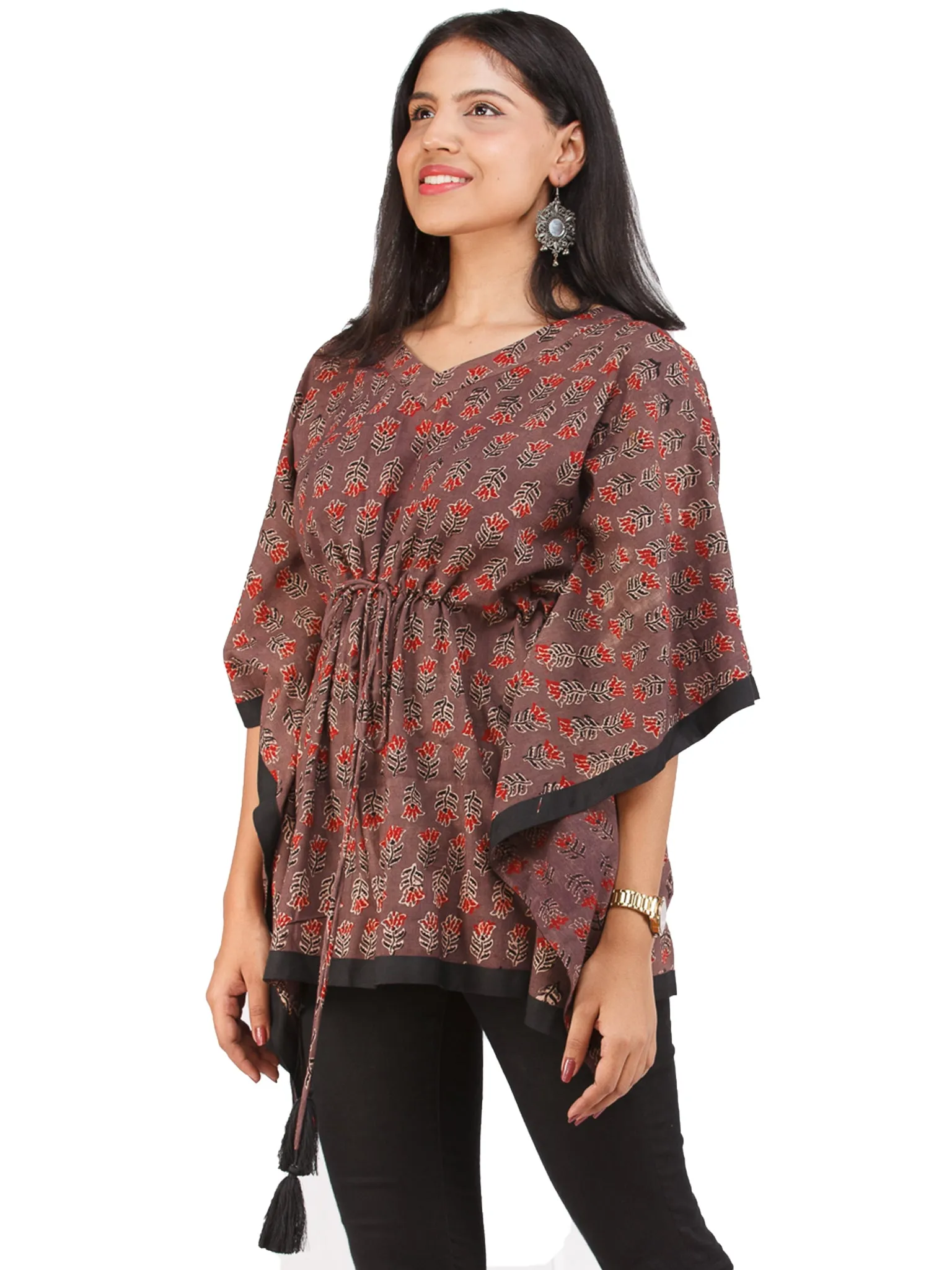 Brown Red Black Ajrakh Hand Block Printed Kaftan - K154F1678