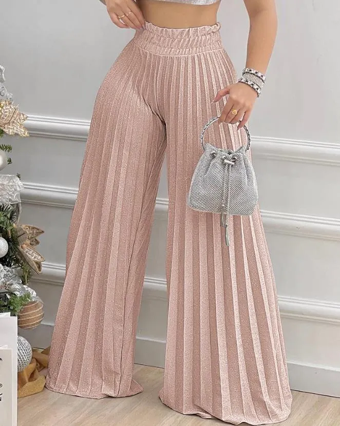 Casual High Waist Pleated Wide Leg Pants Plain Spring & Summer Fashion Elegant Women's Trousers Daily Lady Pants