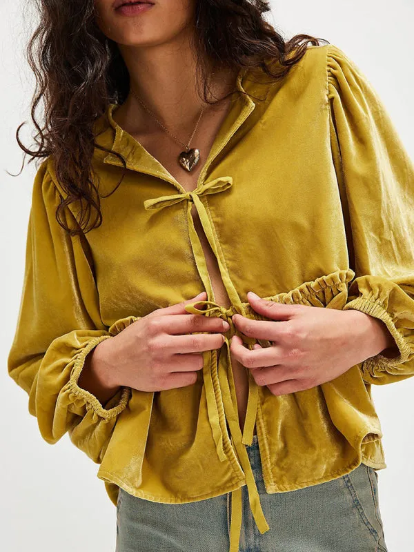 Chic Mustard Velvet Peplum Blouse with Tie-Up Detail