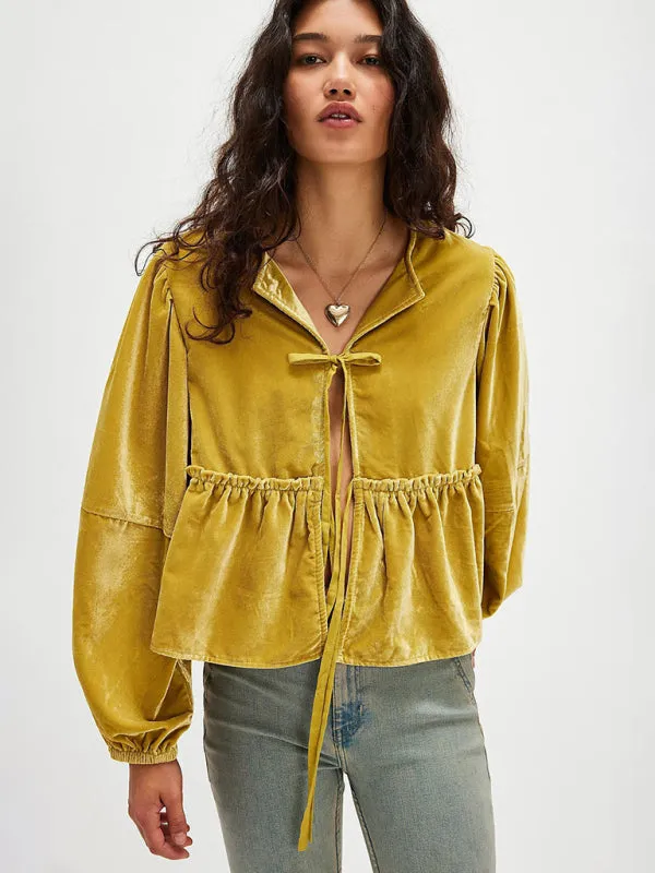 Chic Mustard Velvet Peplum Blouse with Tie-Up Detail