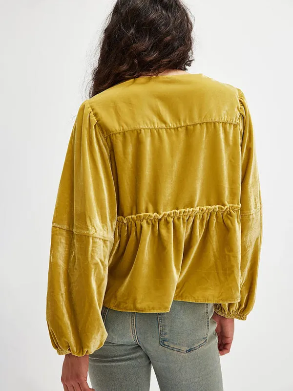 Chic Mustard Velvet Peplum Blouse with Tie-Up Detail