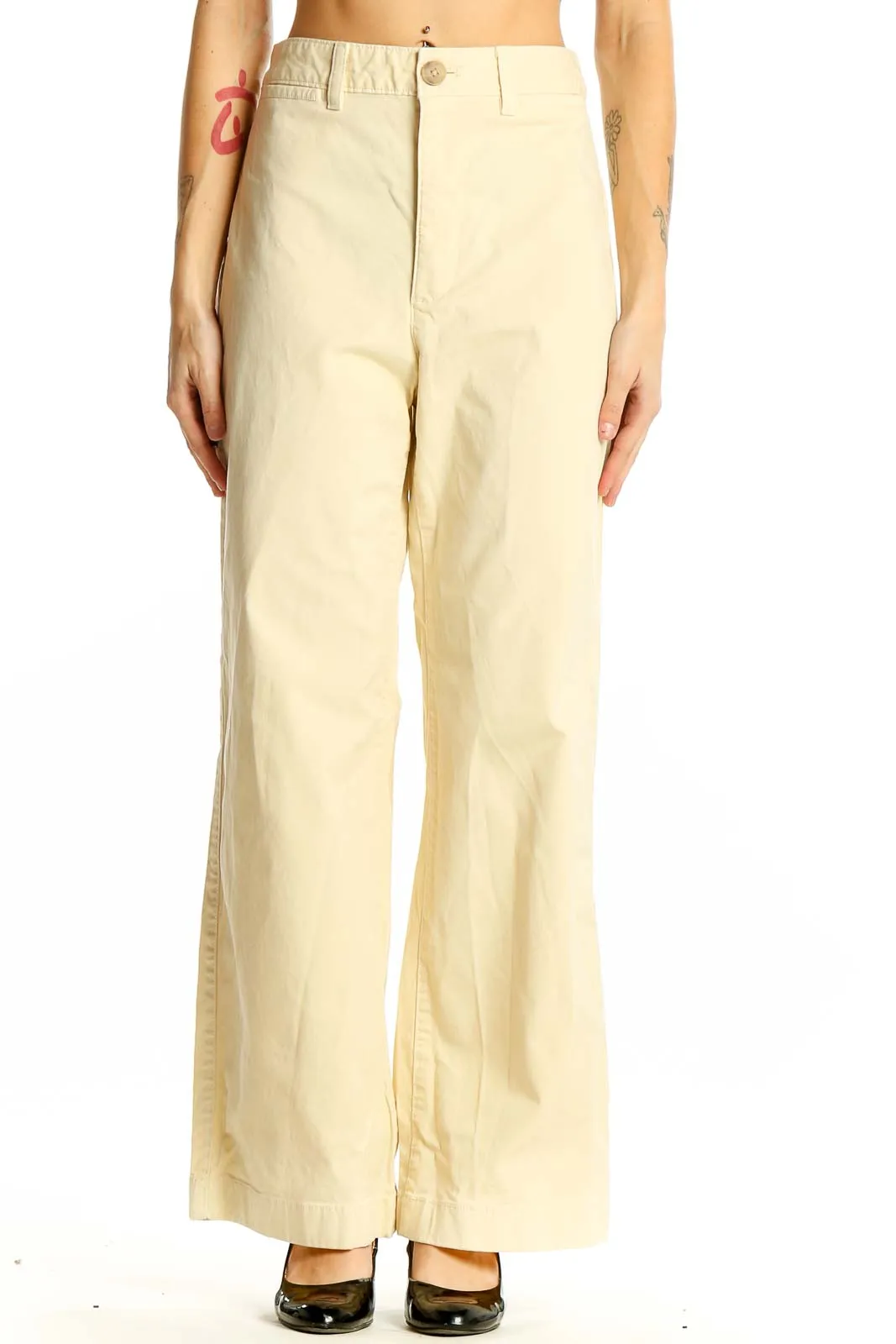 Cream Wide-Leg Cotton Blend Pants