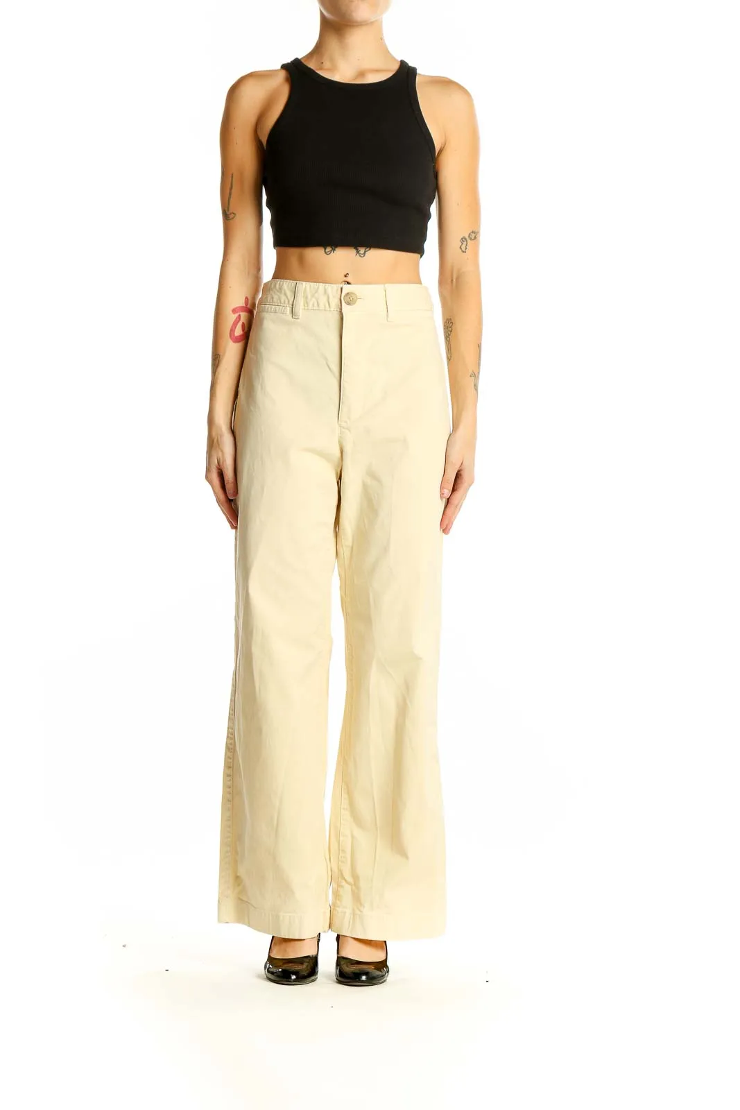 Cream Wide-Leg Cotton Blend Pants