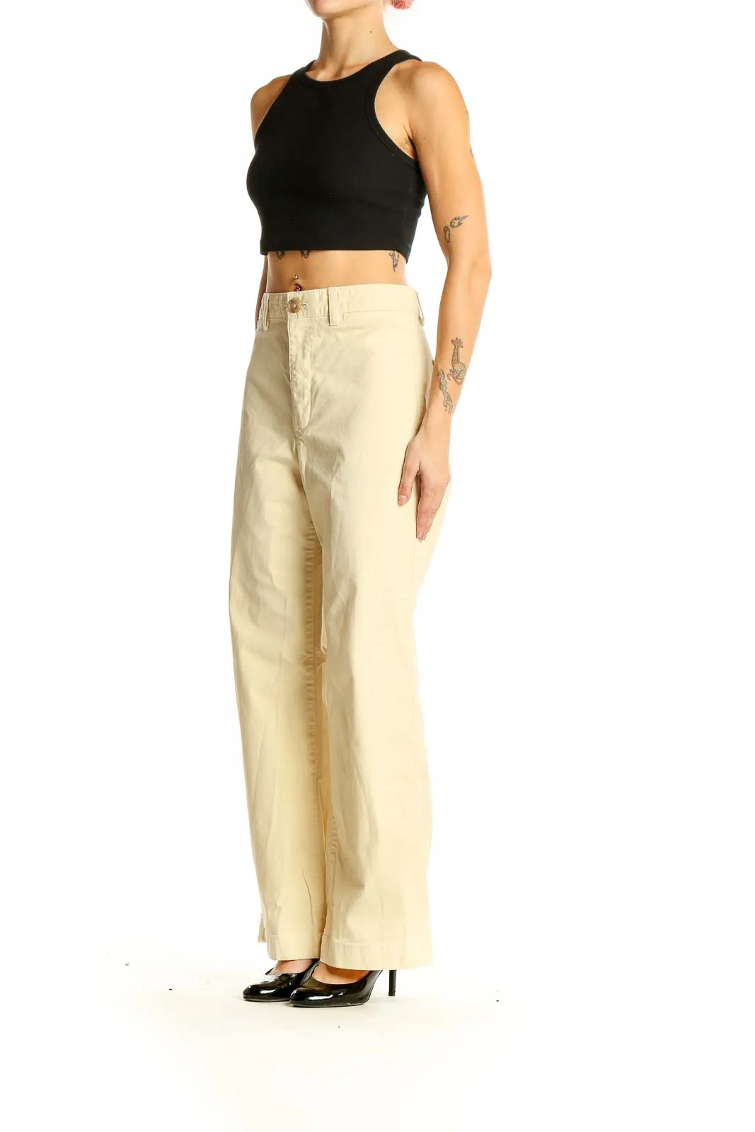 Cream Wide-Leg Cotton Blend Pants