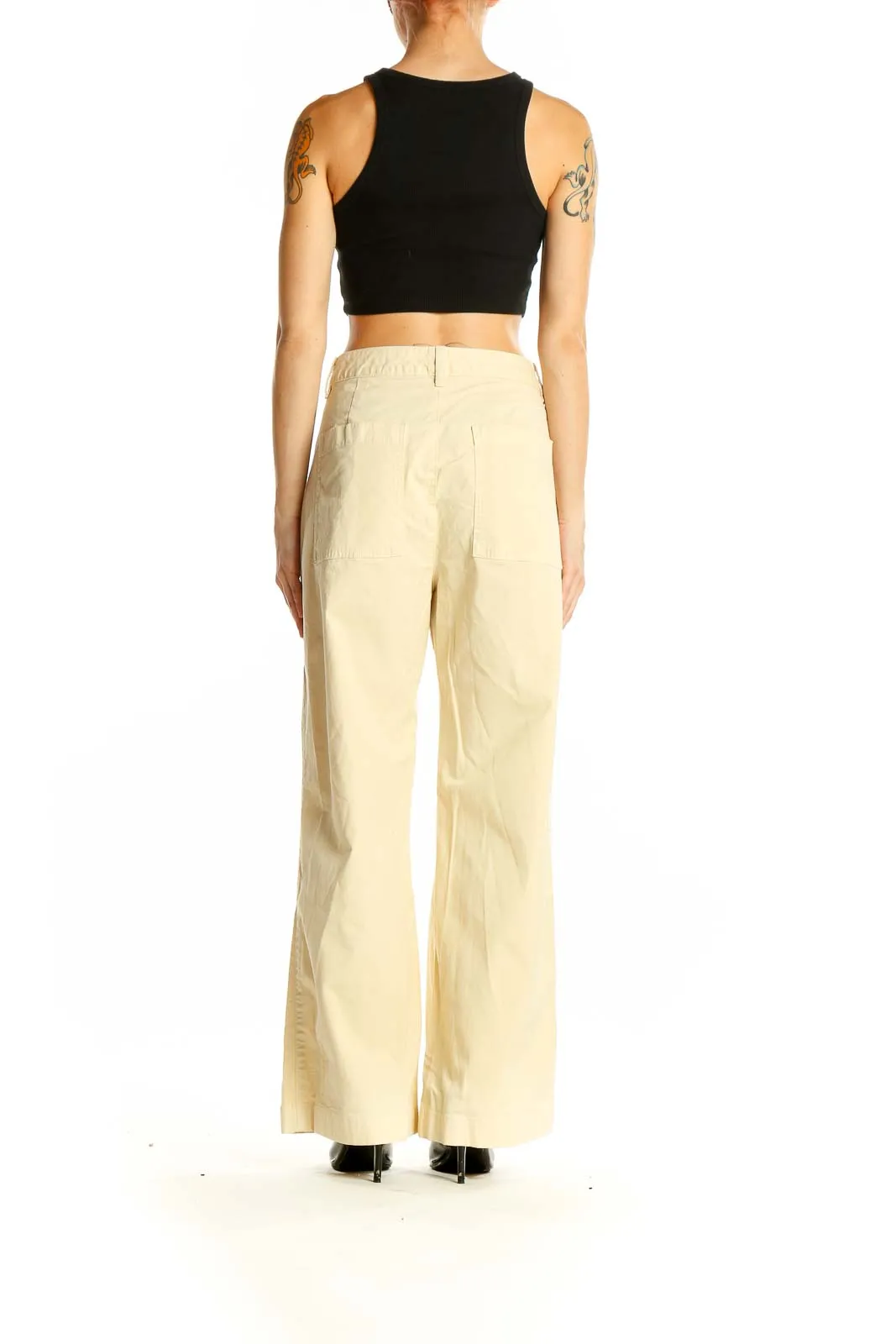 Cream Wide-Leg Cotton Blend Pants