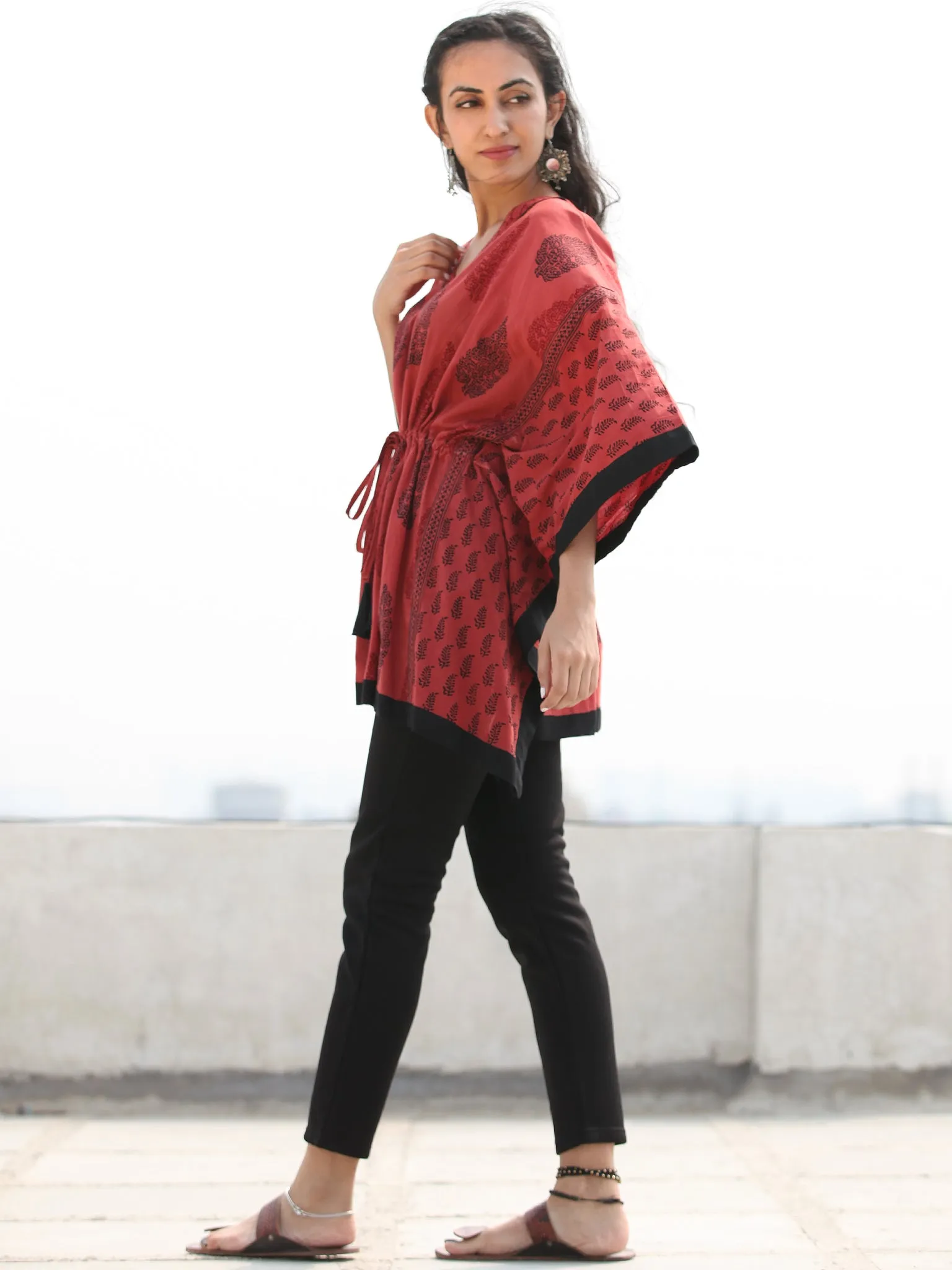 Crimson Red Black Bagh Hand Block Printed Short Kaftan - K139F2090