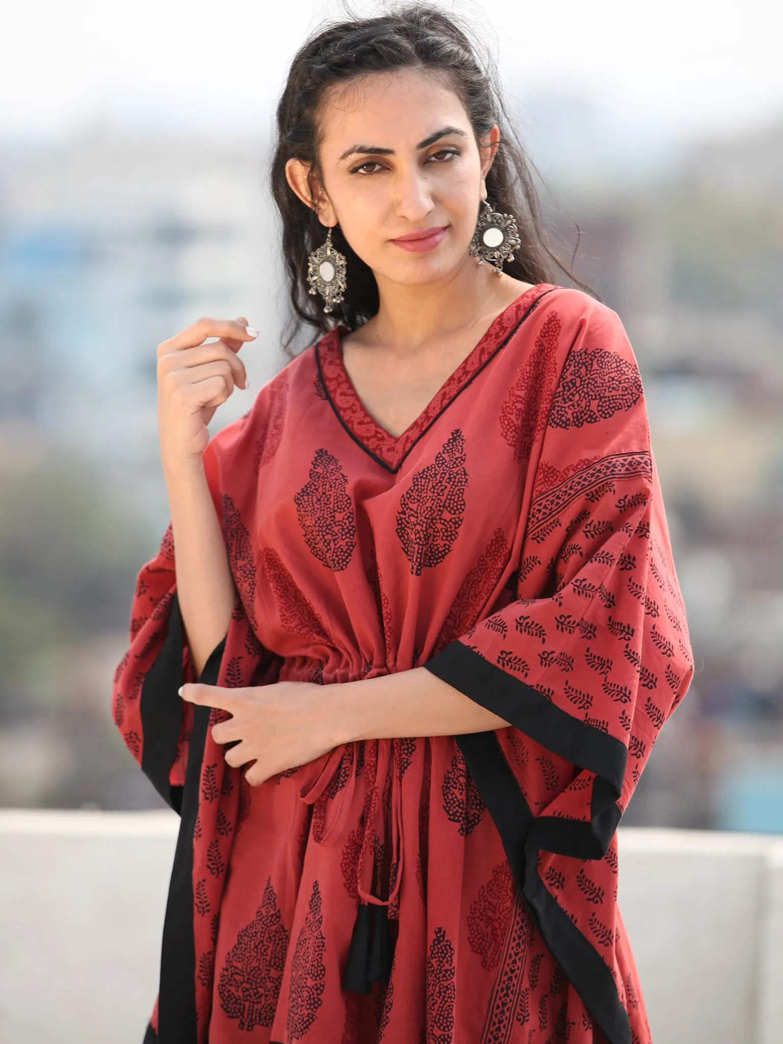 Crimson Red Black Bagh Hand Block Printed Short Kaftan - K139F2090