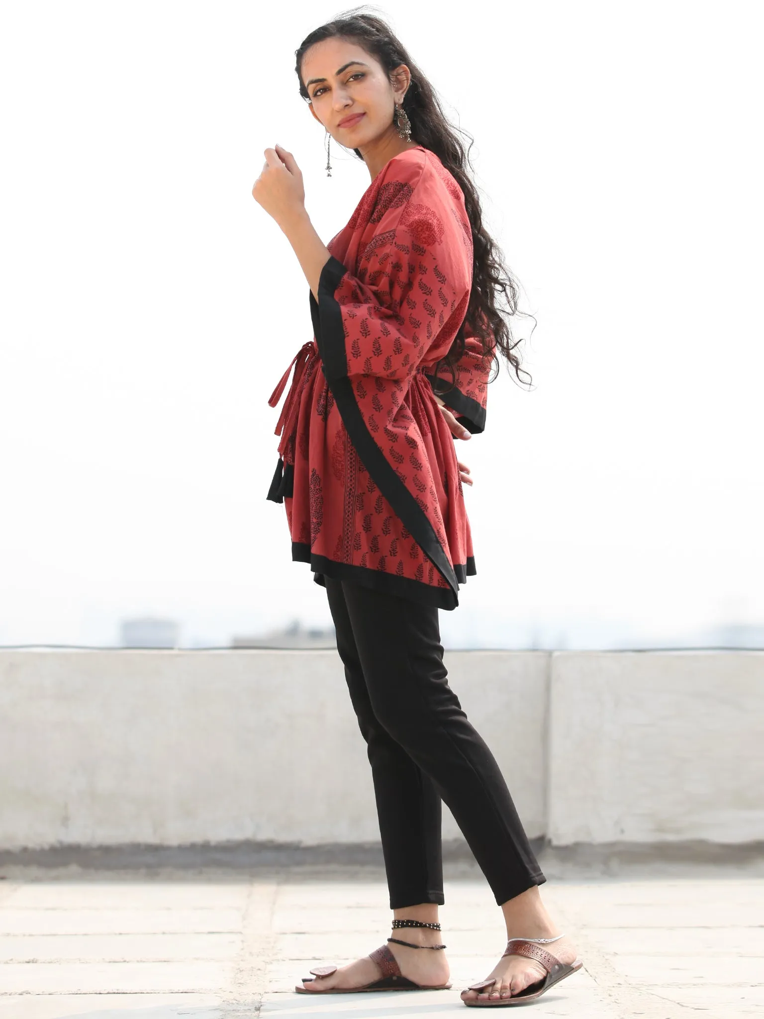 Crimson Red Black Bagh Hand Block Printed Short Kaftan - K139F2090