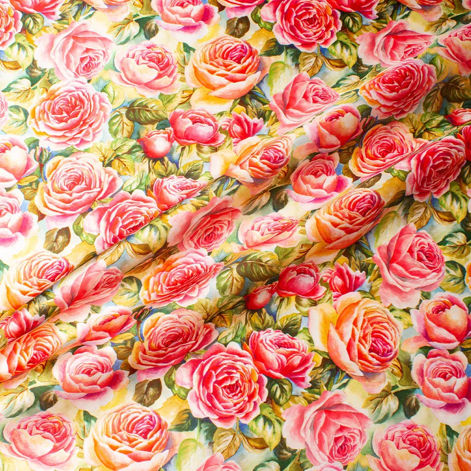 Deep Yellow & Pink Rose Printed Mixed Fibre Mikado