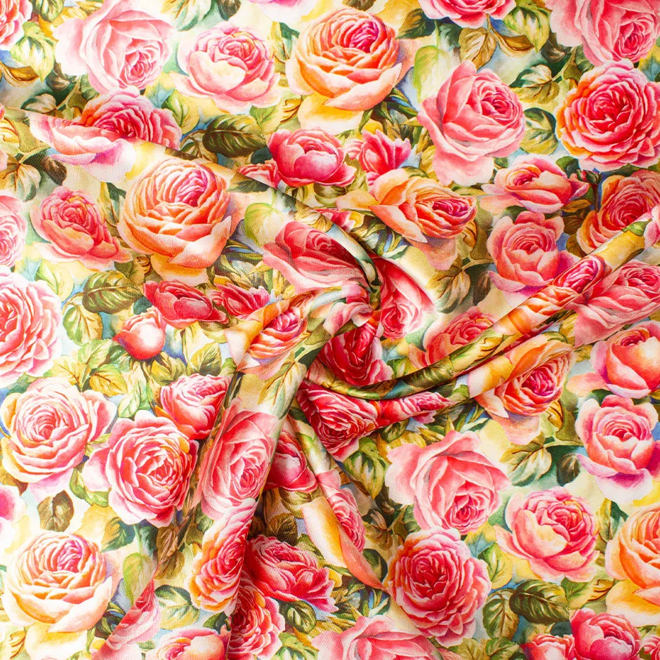 Deep Yellow & Pink Rose Printed Mixed Fibre Mikado