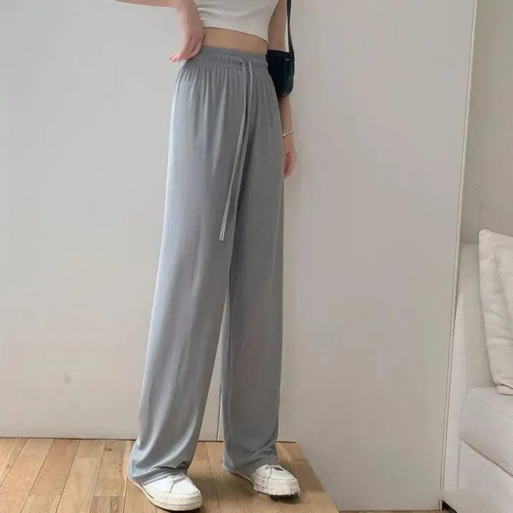 Fashion Ice Silk Wide Leg Pants for Girls | High Waist Elastic Thin Straight Pants, Summer Loose and Versatile