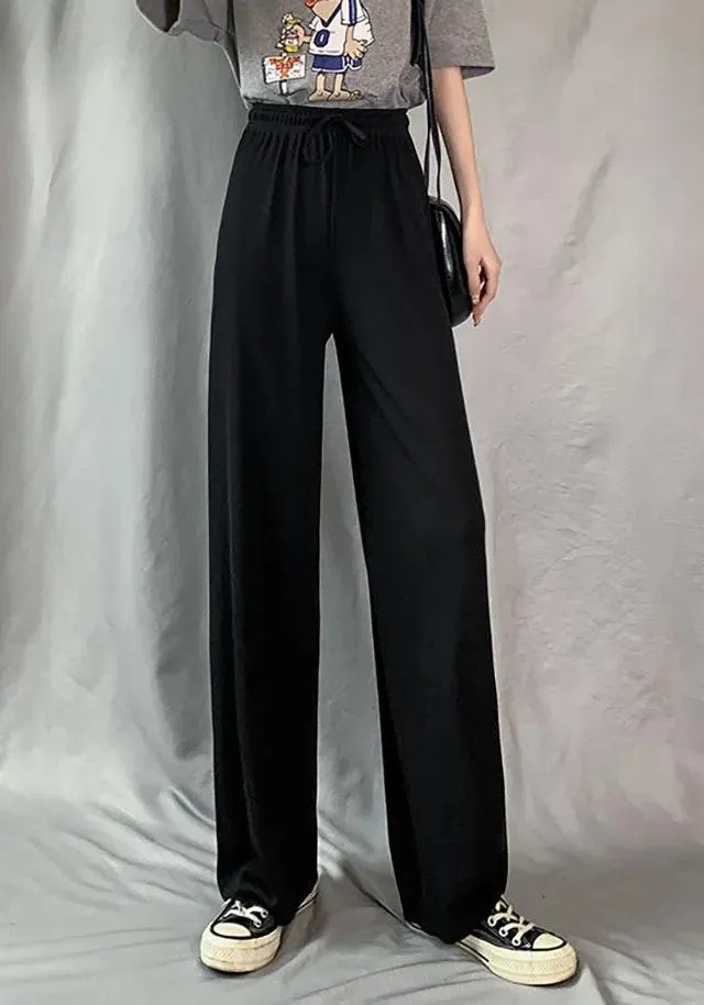 Fashion Ice Silk Wide Leg Pants for Girls | High Waist Elastic Thin Straight Pants, Summer Loose and Versatile