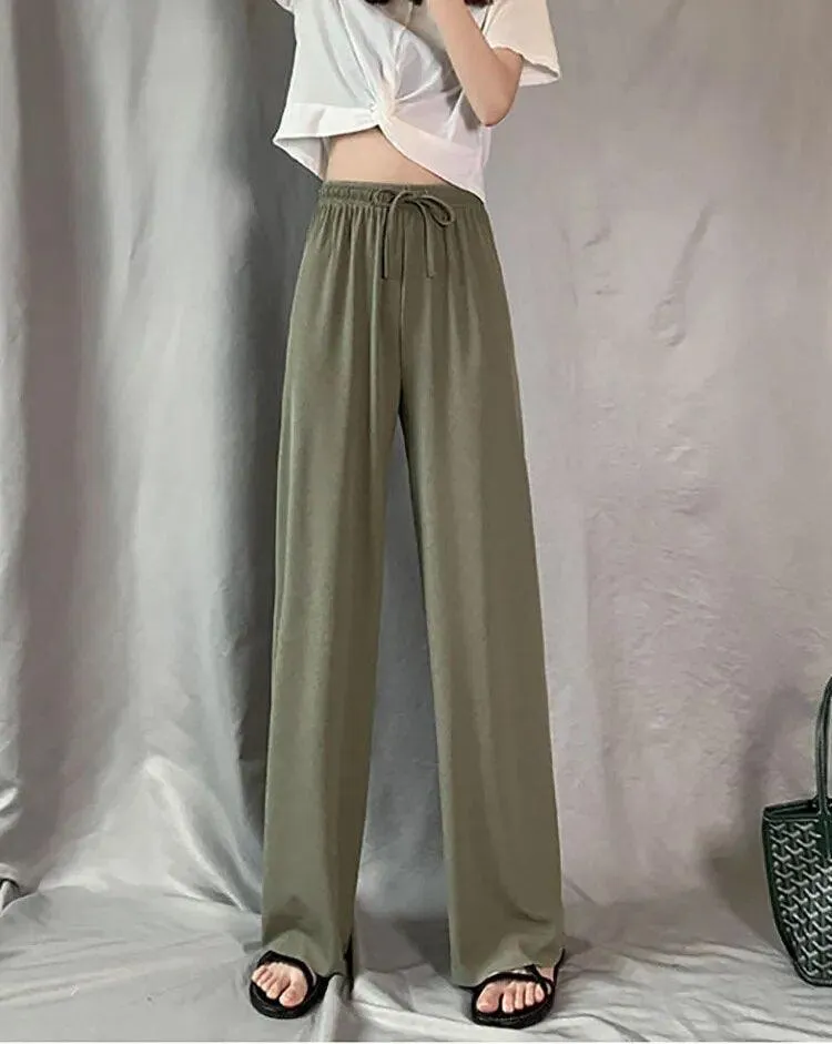 Fashion Ice Silk Wide Leg Pants for Girls | High Waist Elastic Thin Straight Pants, Summer Loose and Versatile