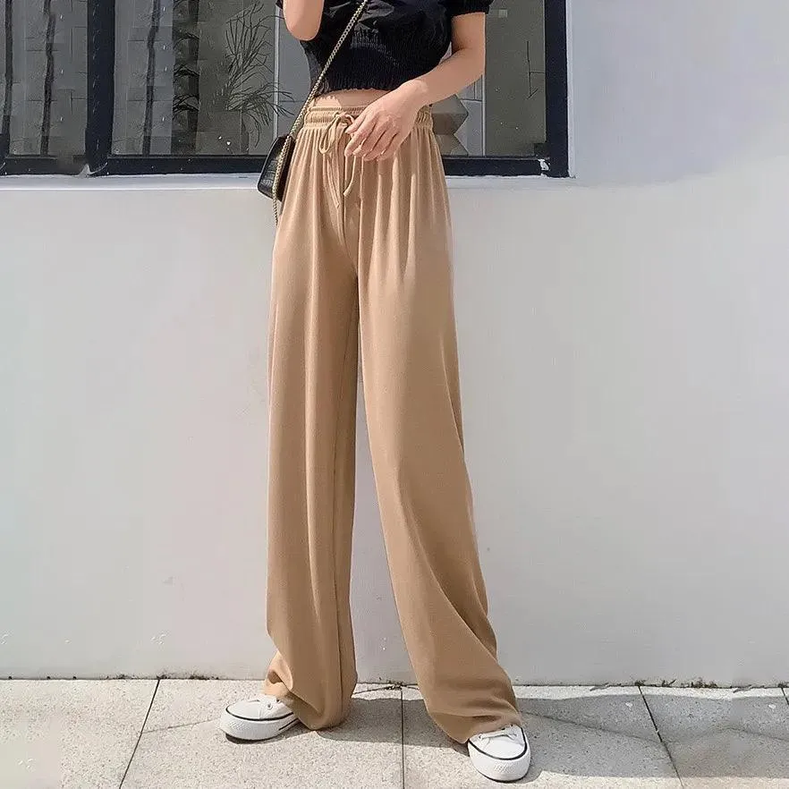 Fashion Ice Silk Wide Leg Pants for Girls | High Waist Elastic Thin Straight Pants, Summer Loose and Versatile