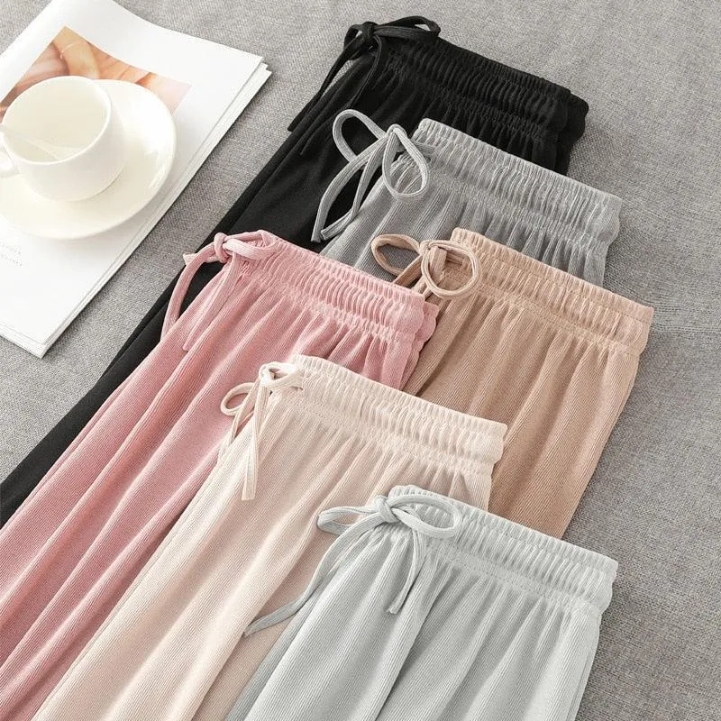 Fashion Ice Silk Wide Leg Pants for Girls | High Waist Elastic Thin Straight Pants, Summer Loose and Versatile