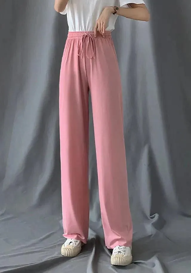 Fashion Ice Silk Wide Leg Pants for Girls | High Waist Elastic Thin Straight Pants, Summer Loose and Versatile