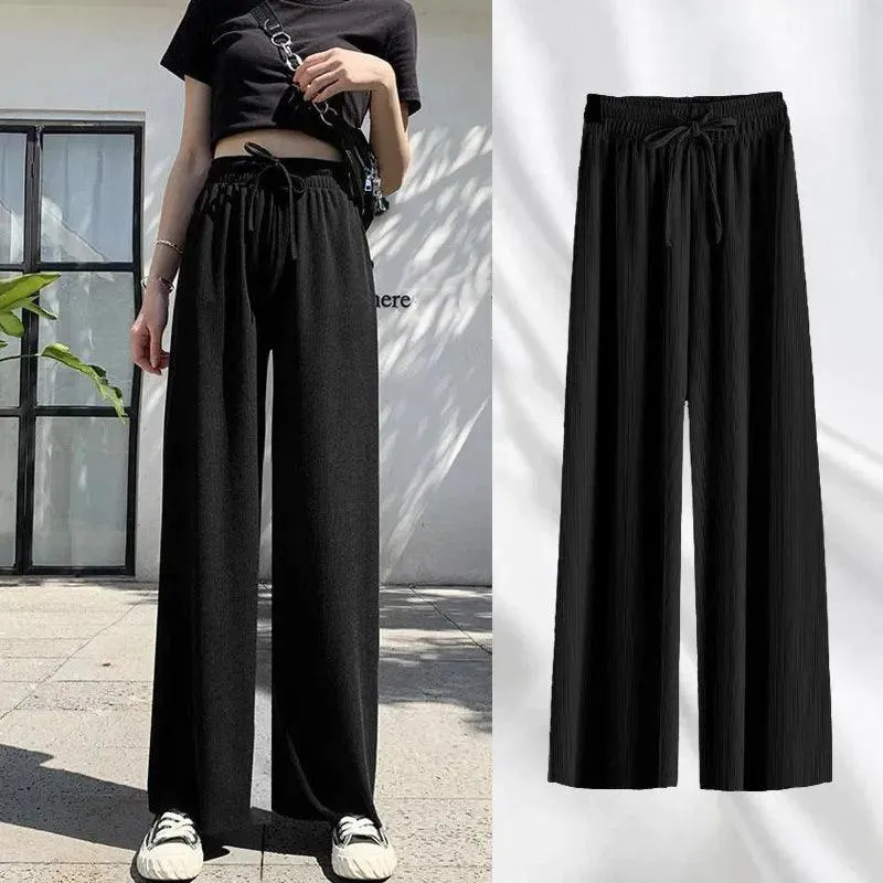 Fashion Ice Silk Wide Leg Pants for Girls | High Waist Elastic Thin Straight Pants, Summer Loose and Versatile